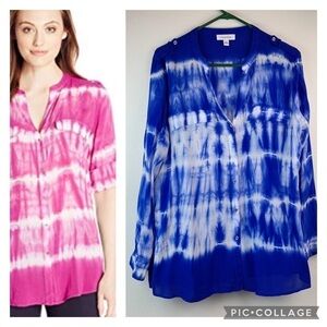 Calvin Klein tie dye draping rayon V neck long roll sleeve button down tunic top